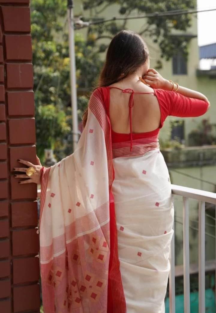 C J Enterprise Women’s Pure Soft Cotton Saree Linen For Silk Sarees Latest Party Design Wear Kalamkari Wedding Sadi With Blouse Piece Sari South Mulmul ikkat Mul Print 2025 New (Swastik White Red) - Image 3