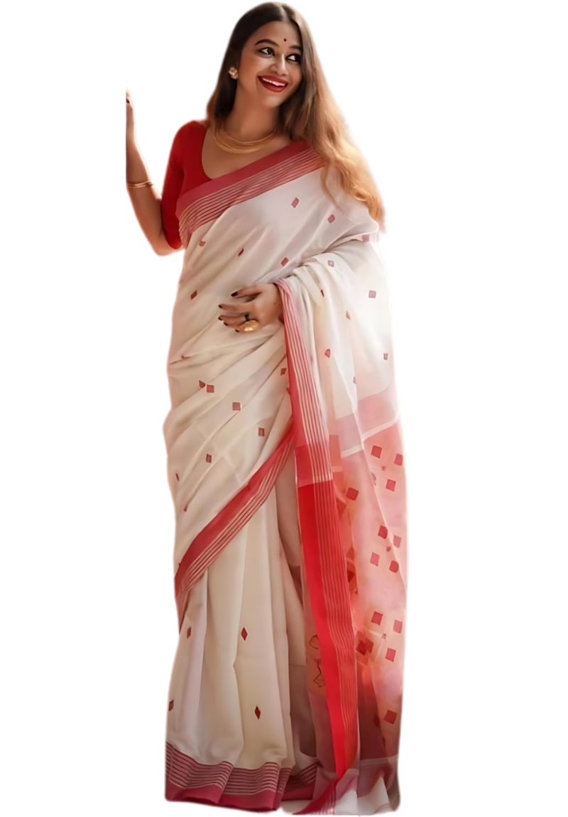 C J Enterprise Women’s Pure Soft Cotton Saree Linen For Silk Sarees Latest Party Design Wear Kalamkari Wedding Sadi With Blouse Piece Sari South Mulmul ikkat Mul Print 2025 New (Swastik White Red) - Image 1