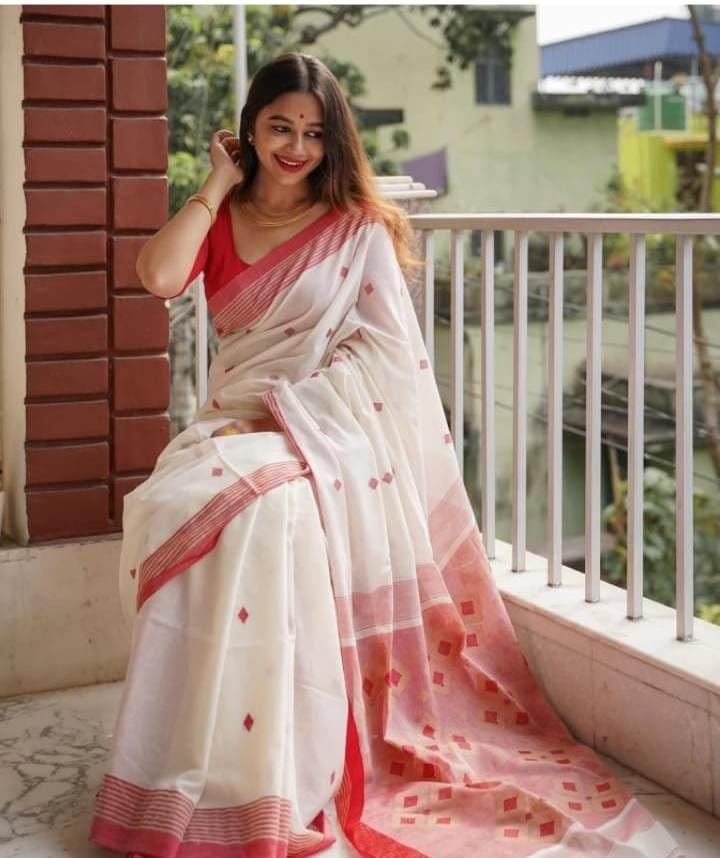 C J Enterprise Women’s Pure Soft Cotton Saree Linen For Silk Sarees Latest Party Design Wear Kalamkari Wedding Sadi With Blouse Piece Sari South Mulmul ikkat Mul Print 2025 New (Swastik White Red) - Image 4