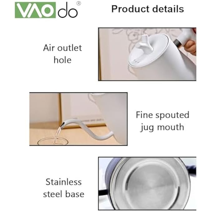 VAOdo 1L Electric Kettle 1000W Stainless Steel Liner Gooseneck Boiling Kettle Automatic PowerOff For Pour Over Coffee Tea Quick Heating Hot Water Boiler White White - Image 3