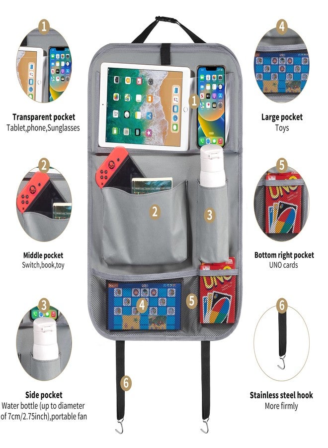 LUCMO Car Backseat Organizer with Tablet Holder-2 Pack,6 Storage Pockets Car Storage Organizer with Foldable Food Tray,Car Seat Back Protectors Kick Mats Travel Accessories-Grey - Image 2