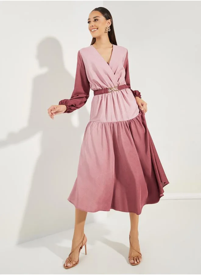 Styli Color Block Long Sleeves Shift Midi Dress