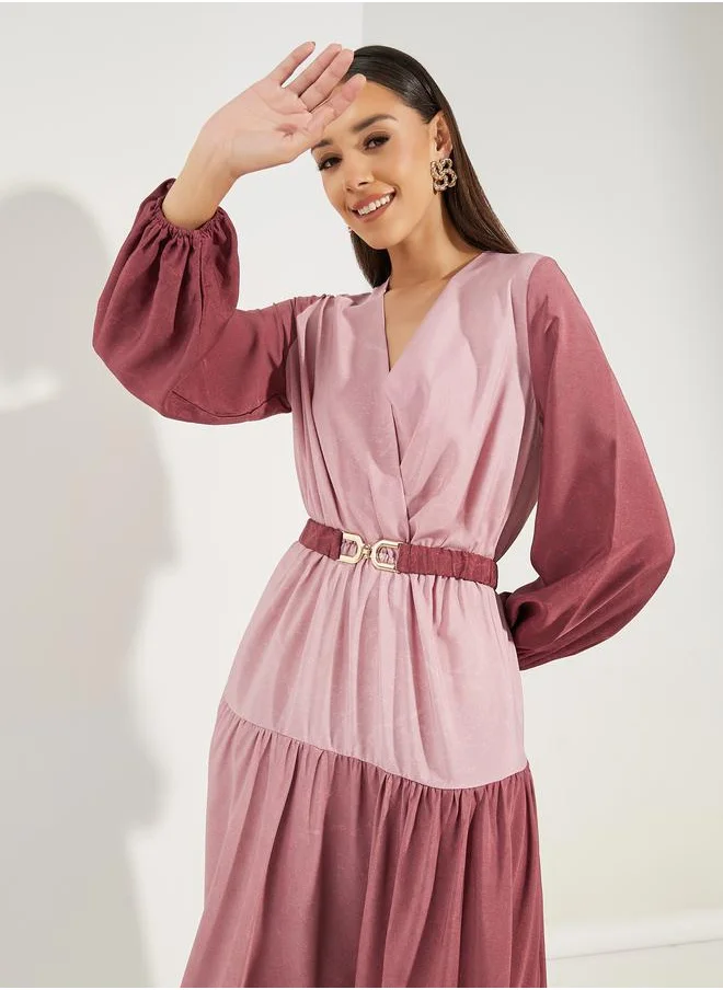 Styli Color Block Long Sleeves Shift Midi Dress