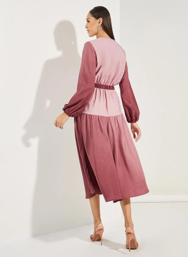 Styli Color Block Long Sleeves Shift Midi Dress