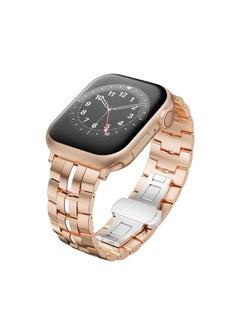 Replacement Strap For Apple Watch Series 9 45mm Butterfly Buckle 5-Beads Metal Watch Band Rose Gold White
