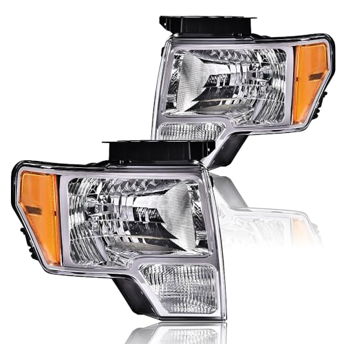 GPLUS مجموعة مصابيح أمامية G-PLUS، متوافقة مع فورد F150 2009 2010 2011 2012 2013 2014 (لا تناسب نمط LED، تناسب فقط بدون نمط LED) مصباح أمامي، عدسة واضحة، هيكل كروم، عاكس برتقالي - Image 1