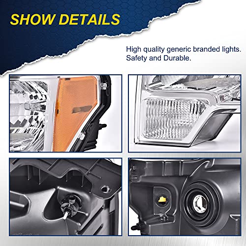 GPLUS مجموعة مصابيح أمامية G-PLUS، متوافقة مع فورد F150 2009 2010 2011 2012 2013 2014 (لا تناسب نمط LED، تناسب فقط بدون نمط LED) مصباح أمامي، عدسة واضحة، هيكل كروم، عاكس برتقالي - Image 5