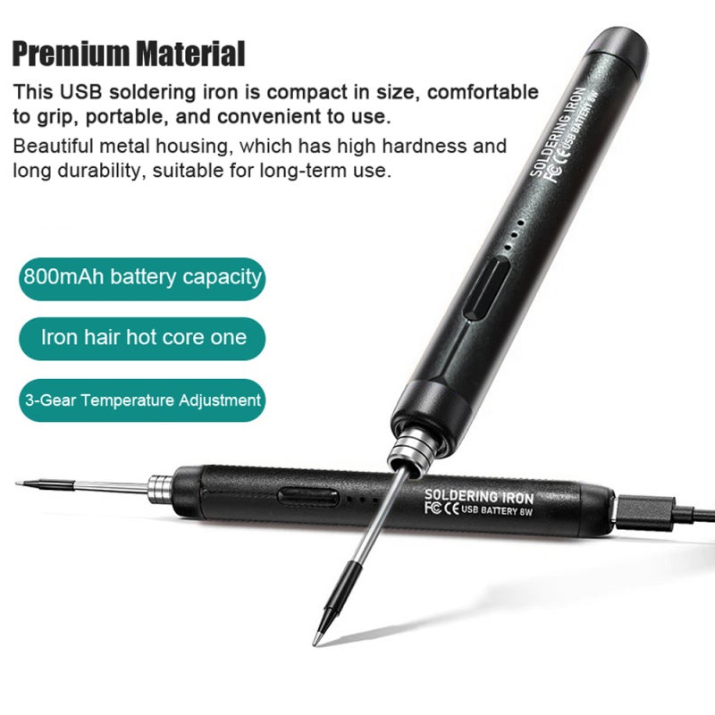 USB Soldering Iron Kit: Silver 800 mAh Rechargeable Fast Warming 3-Gear Temperature Adjustment - Portable Premium Metal Housing USB Soldering Iron Set for Hobbyists, Electronic Repairs & On-the-Go Use - Image 5