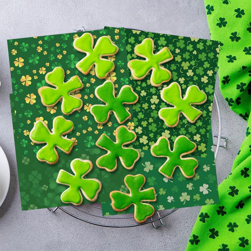 100 Pcs Oil Proof Paper for Bread 7.09 by 7.09 Inch 4 Assorted Designs Green Four Leaf Clover for St Patricks Day Party and Festive Occasions - Image 3