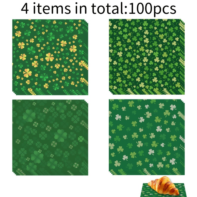 100 Pcs Oil Proof Paper for Bread 7.09 by 7.09 Inch 4 Assorted Designs Green Four Leaf Clover for St Patricks Day Party and Festive Occasions - Image 1