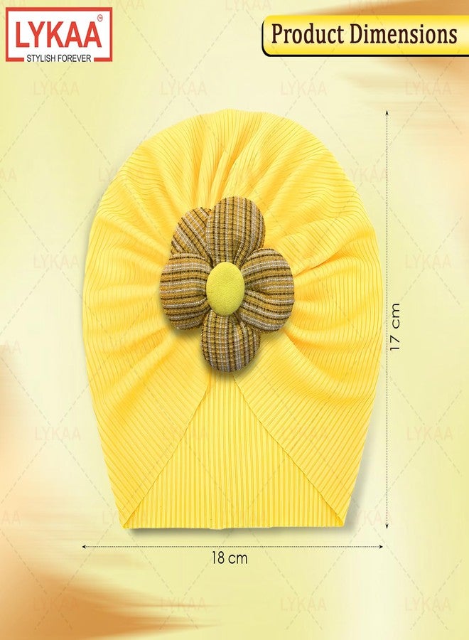 LYKAA Soft Yellow Baby Turban Cap with Flower | Cotton Stretch Headwrap for Newborns & Infants | Stylish Baby Girl Headwear for Photoshoots, Parties (Pack of 1) - Image 2