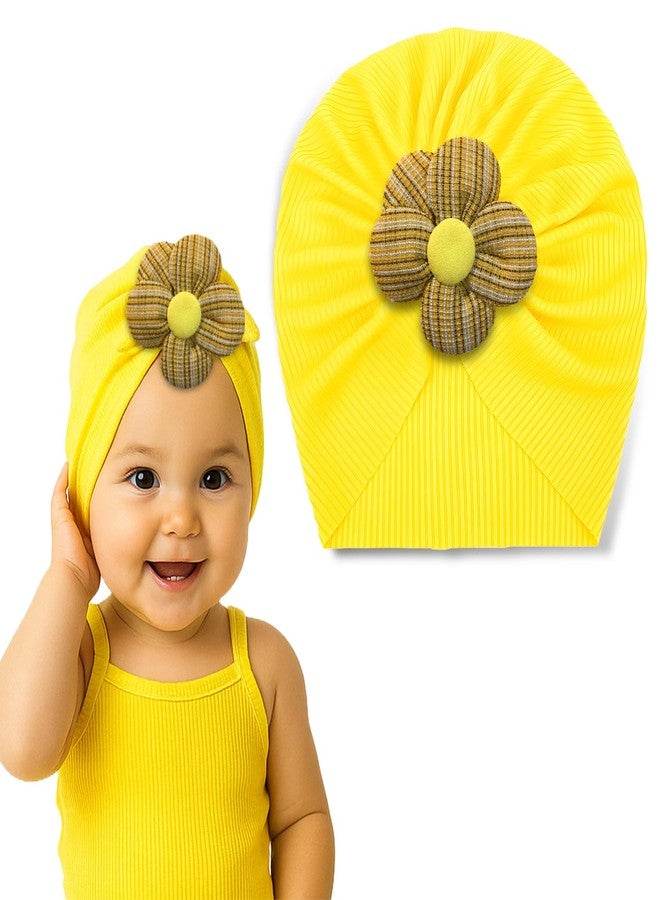 LYKAA Soft Yellow Baby Turban Cap with Flower | Cotton Stretch Headwrap for Newborns & Infants | Stylish Baby Girl Headwear for Photoshoots, Parties (Pack of 1) - Image 1