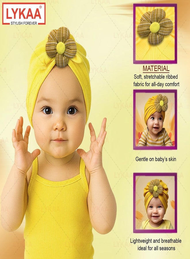 LYKAA Soft Yellow Baby Turban Cap with Flower | Cotton Stretch Headwrap for Newborns & Infants | Stylish Baby Girl Headwear for Photoshoots, Parties (Pack of 1) - Image 3