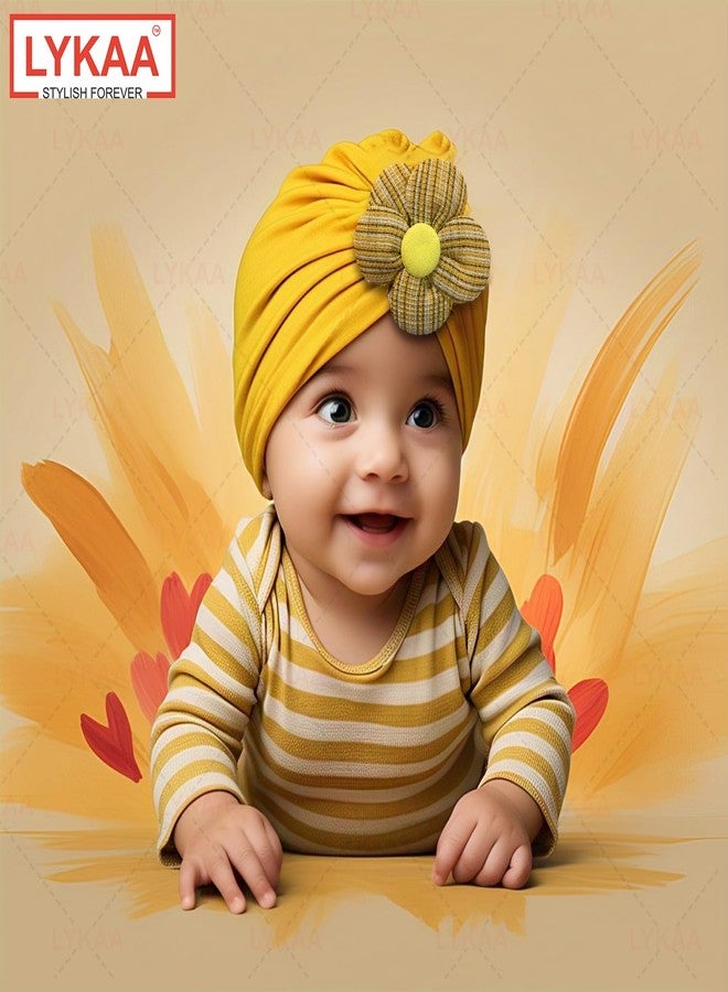 LYKAA Soft Yellow Baby Turban Cap with Flower | Cotton Stretch Headwrap for Newborns & Infants | Stylish Baby Girl Headwear for Photoshoots, Parties (Pack of 1) - Image 4