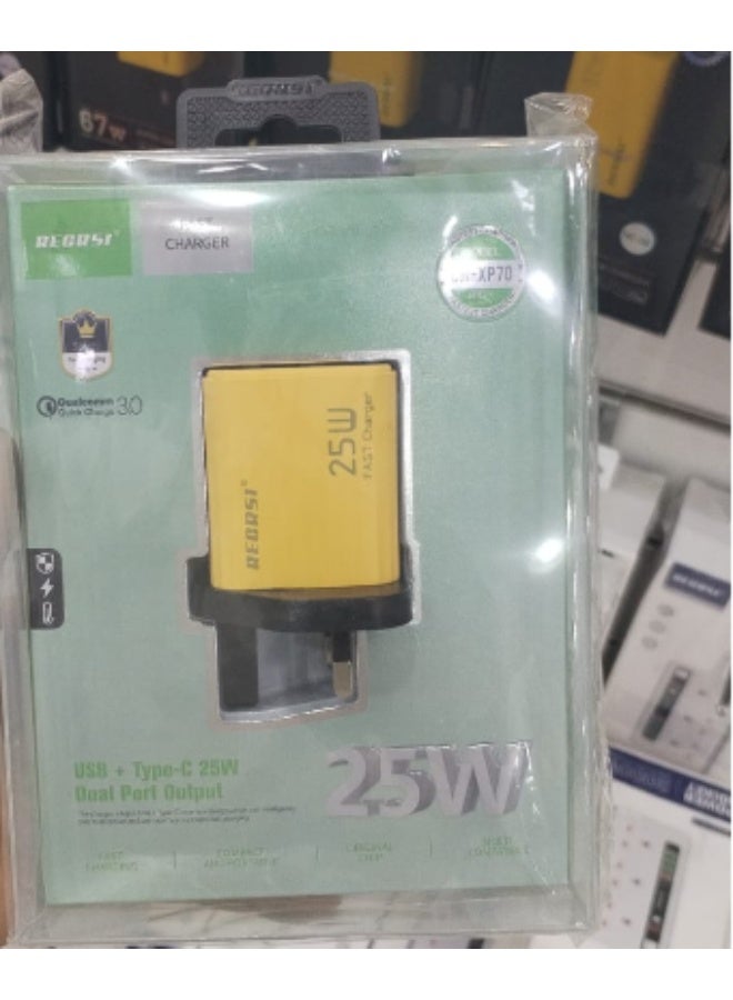 RECRSI brand wall charger in yellow with 25W fast charging capacity