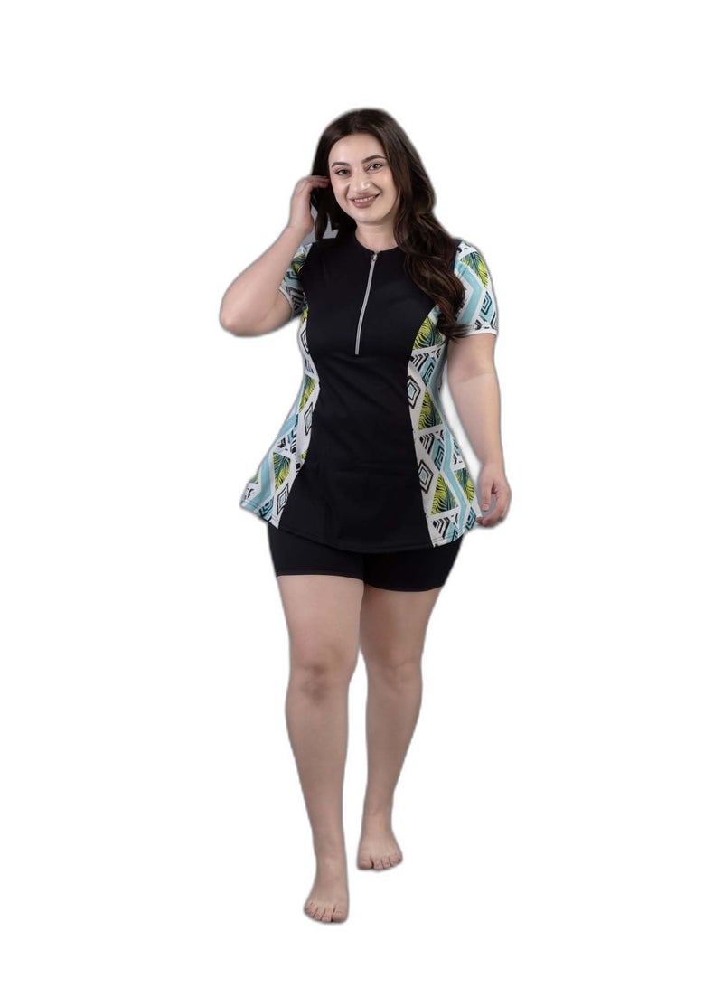 Keepfit Printed Medium Coverage geomatrical Printed 2 Piece Padded Plus Size Swimset for Women Turquoise Black |Swimming Suit for Women - Image 1