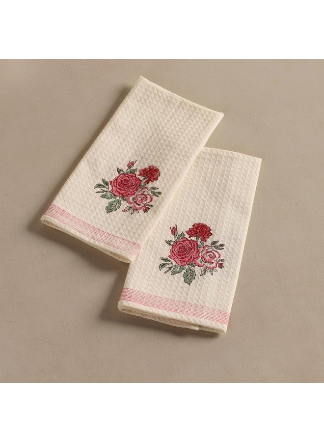 Peepul Tree Block Printed Hand and Bath Towels, Super Absorbent, Soft & Faster Drying, Floral Printed 100% Pure Cotton, 240 GSM (2 Hand Towel Set, Off-White & Pink Roses) - Image 2