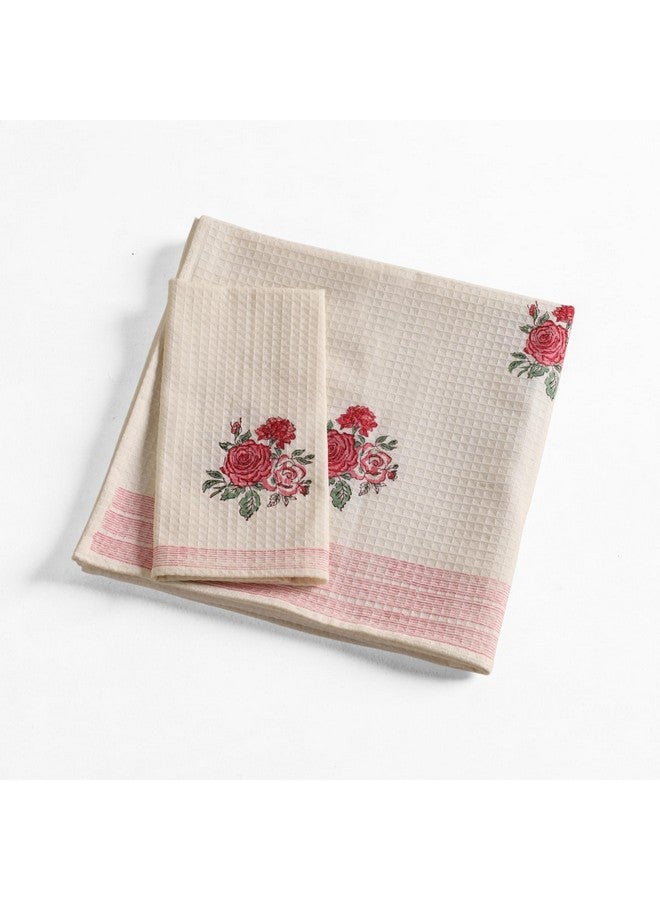 Peepul Tree Block Printed Hand and Bath Towels, Super Absorbent, Soft & Faster Drying, Floral Printed 100% Pure Cotton, 240 GSM (2 Hand Towel Set, Off-White & Pink Roses) - Image 1