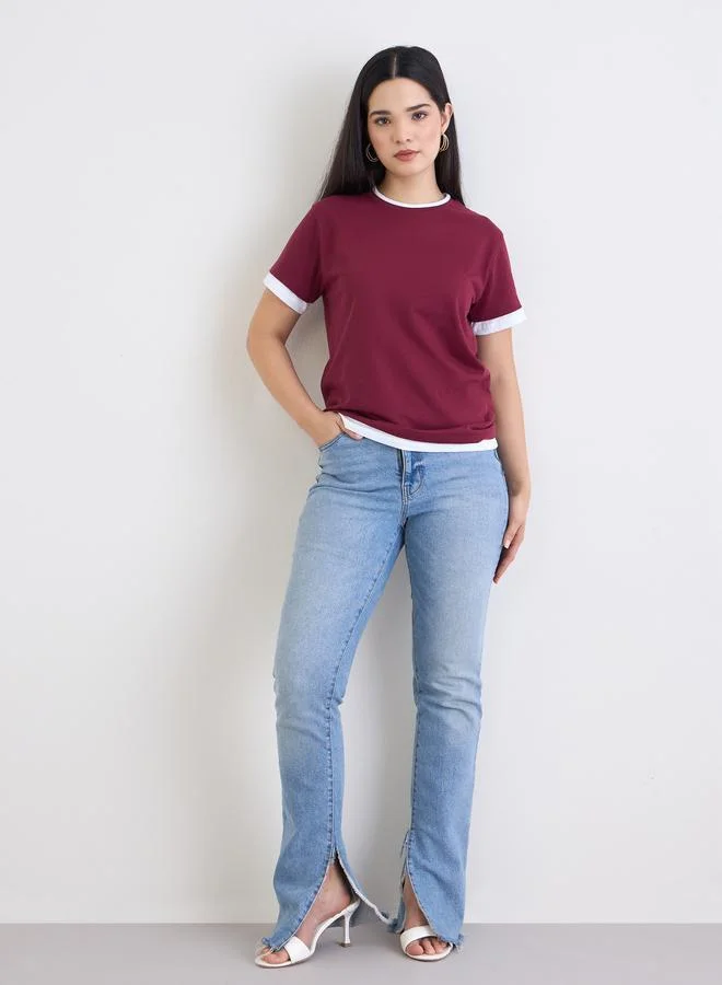 Styli Styli Burgundy Regular Fit Cotton Ringer T-Shirt