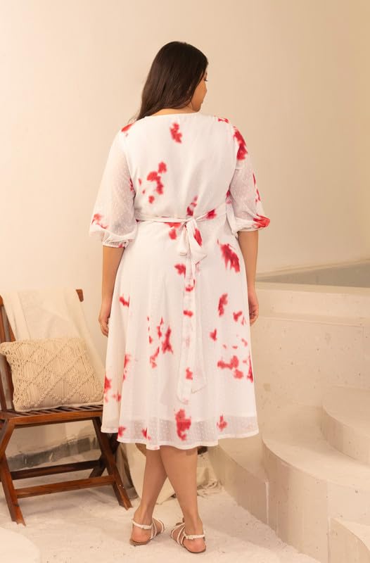 Janasya XL Love by Janasya Women's Off White Dobby Georgette Tie & Dye Fit & Flare Dress - Image 3