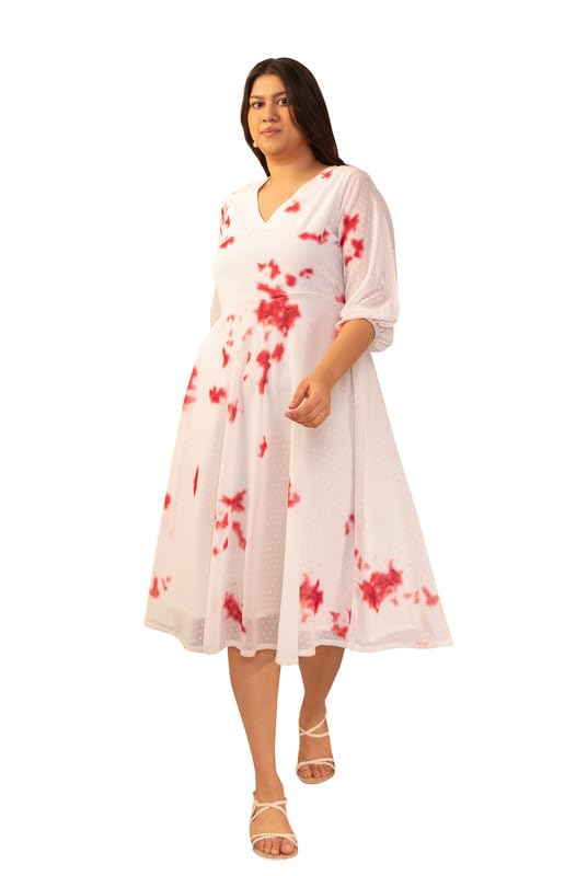 Janasya XL Love by Janasya Women's Off White Dobby Georgette Tie & Dye Fit & Flare Dress - Image 1