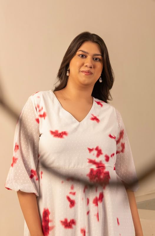 Janasya XL Love by Janasya Women's Off White Dobby Georgette Tie & Dye Fit & Flare Dress - Image 4