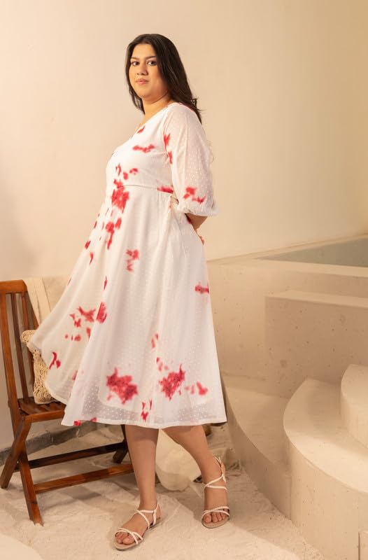 Janasya XL Love by Janasya Women's Off White Dobby Georgette Tie & Dye Fit & Flare Dress - Image 2