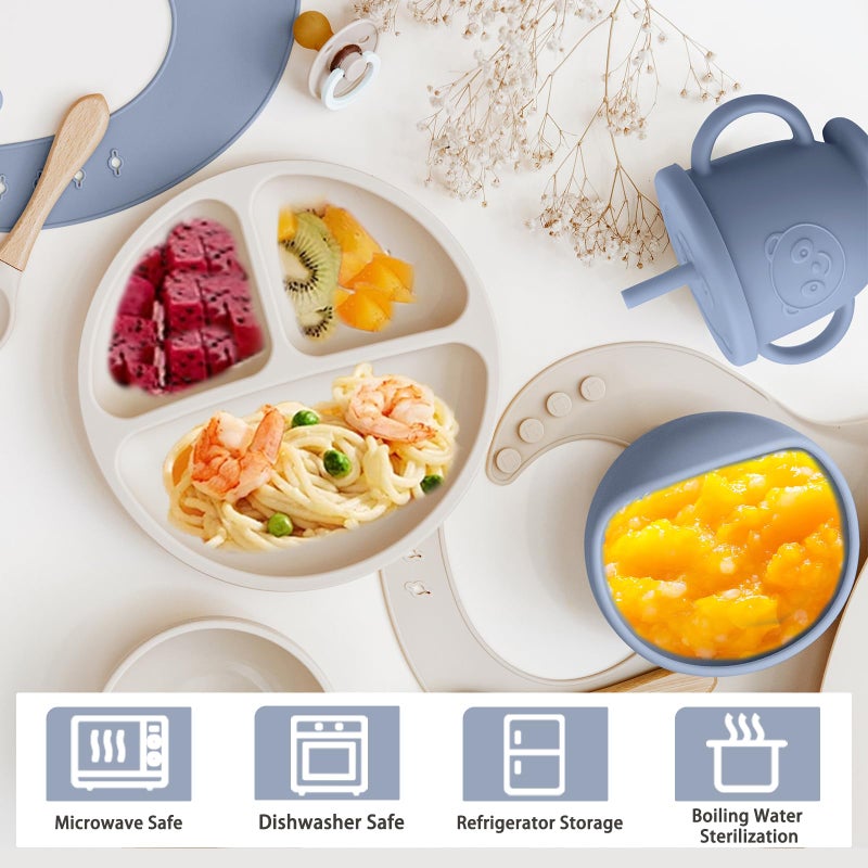 Munlinder Silicone Baby Feeding Set | Baby Led Weaning Supplies Includes Suction Bowls and Divided Plates, Adjustable Bib, Baby Utensils Spoons and Forks,Cup | Baby Feeding Essentials (Blue Gray) - Image 3