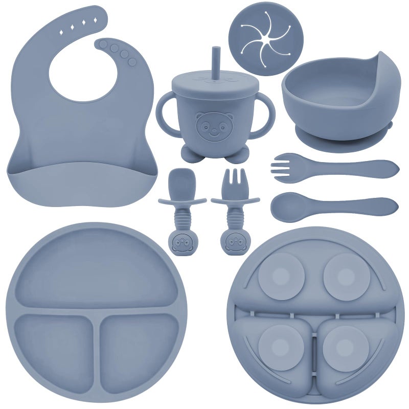 Munlinder Silicone Baby Feeding Set | Baby Led Weaning Supplies Includes Suction Bowls and Divided Plates, Adjustable Bib, Baby Utensils Spoons and Forks,Cup | Baby Feeding Essentials (Blue Gray) - Image 1