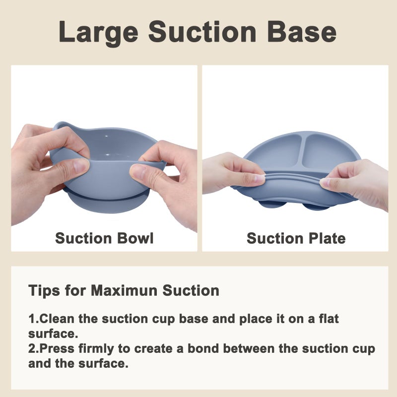 Munlinder Silicone Baby Feeding Set | Baby Led Weaning Supplies Includes Suction Bowls and Divided Plates, Adjustable Bib, Baby Utensils Spoons and Forks,Cup | Baby Feeding Essentials (Blue Gray) - Image 5