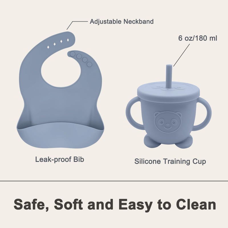 Munlinder Silicone Baby Feeding Set | Baby Led Weaning Supplies Includes Suction Bowls and Divided Plates, Adjustable Bib, Baby Utensils Spoons and Forks,Cup | Baby Feeding Essentials (Blue Gray) - Image 4