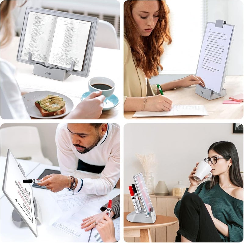 oddpod ™ Jielisi 3-in-1 Multifunction Ergonomic Book Holder with Support Stand/Portable Hands Free Magnetic White Board Cum Paper Clipboard with Stand, Two Markers, Page Clip & Pen - Image 2