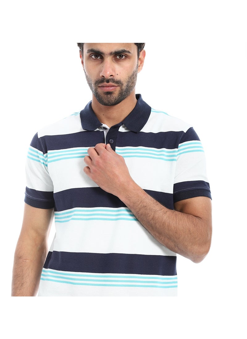 بافون Turn Down Collar Striped Polo Shirt - White, Navy Blue & Turquoise  - Image 1