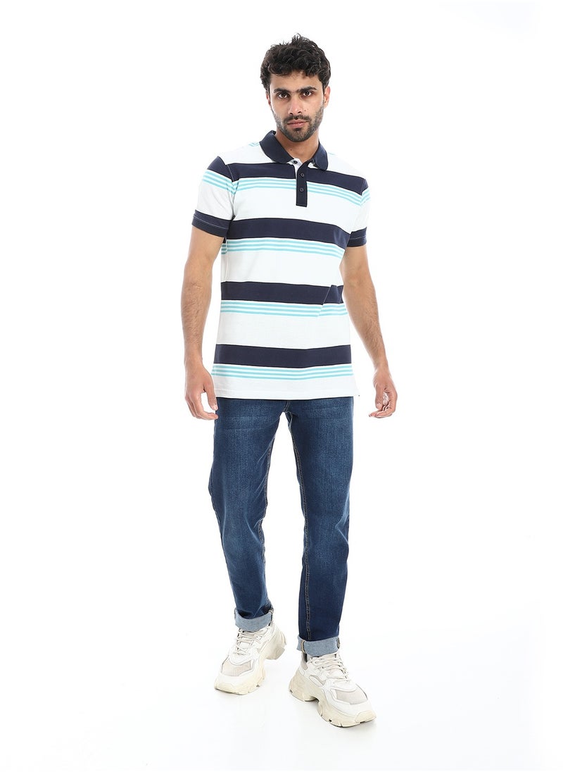 بافون Turn Down Collar Striped Polo Shirt - White, Navy Blue & Turquoise  - Image 5