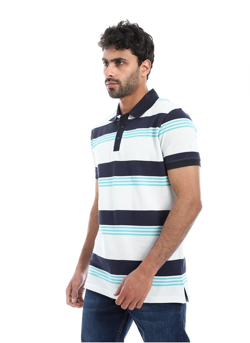 بافون Turn Down Collar Striped Polo Shirt - White, Navy Blue & Turquoise  - Image 2