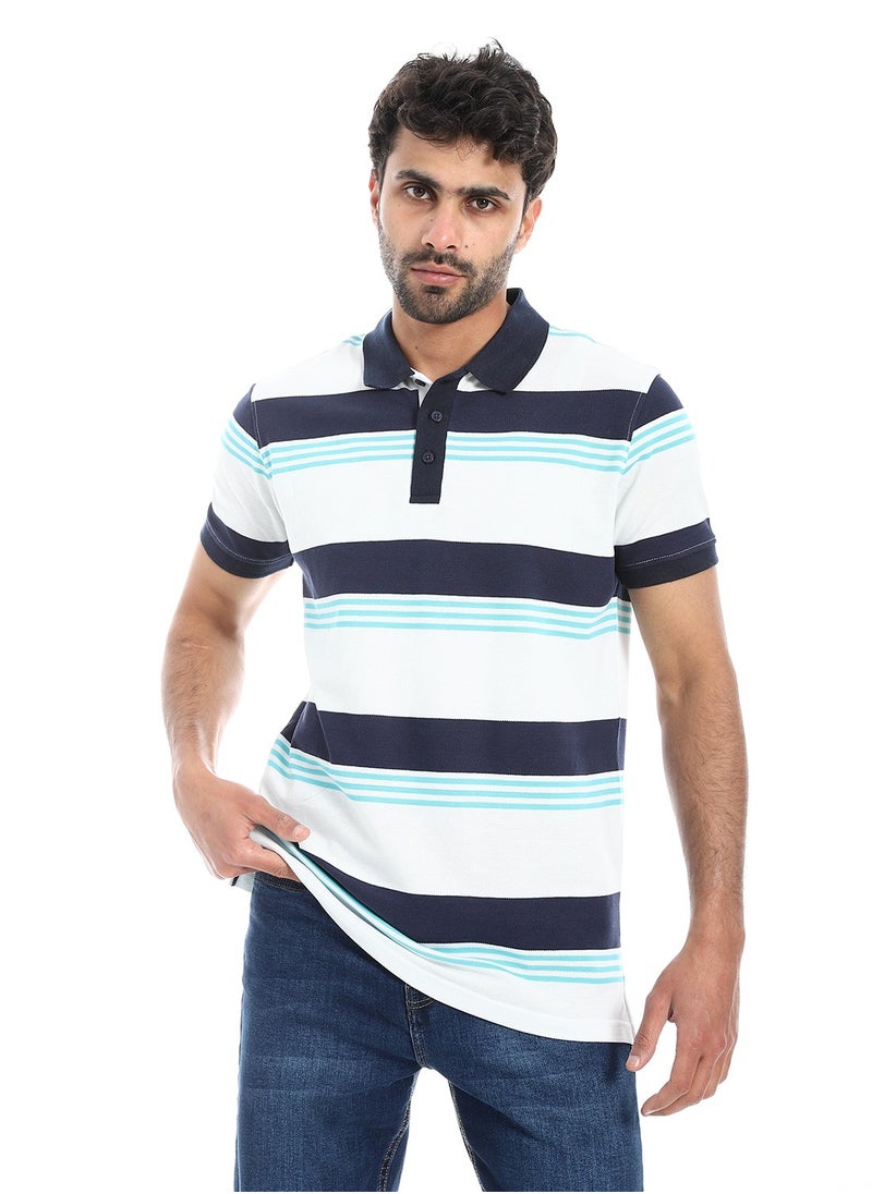 بافون Turn Down Collar Striped Polo Shirt - White, Navy Blue & Turquoise  - Image 3