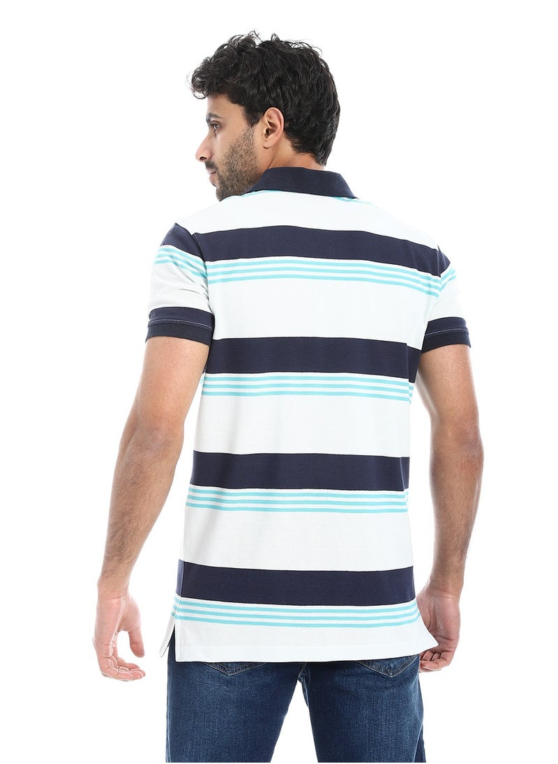 بافون Turn Down Collar Striped Polo Shirt - White, Navy Blue & Turquoise  - Image 4