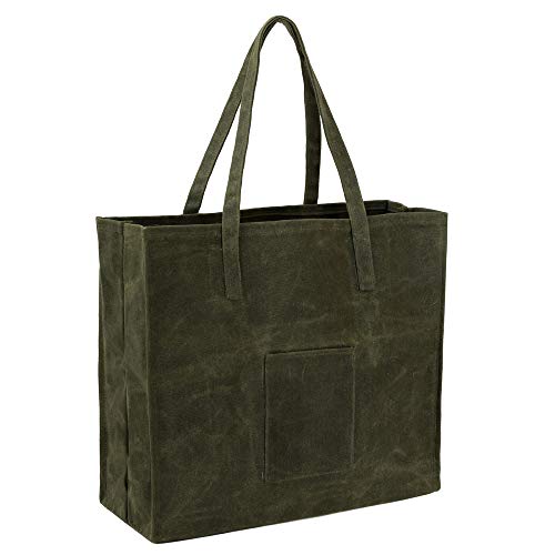 Kaaltisy Waxed Canvas Reusable Grocery Bag Heavy Duty Waterproof Shopping Bag Well Selfstanding Sturdy Farmers Market Bag Wide Hard Handfeel