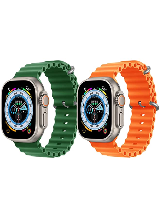 IAF Silicone Ocean Band Strap for Apple Watch Ultra 8 49mm Green Single Color Strap with Orange Single Color Strap Set of 2