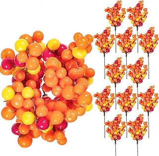Whaline Autumn Orange Berry Twig Stem, 12 Pack Artificial Orange Berry Picks for Fall Decor, Christmas Tree - Image 1
