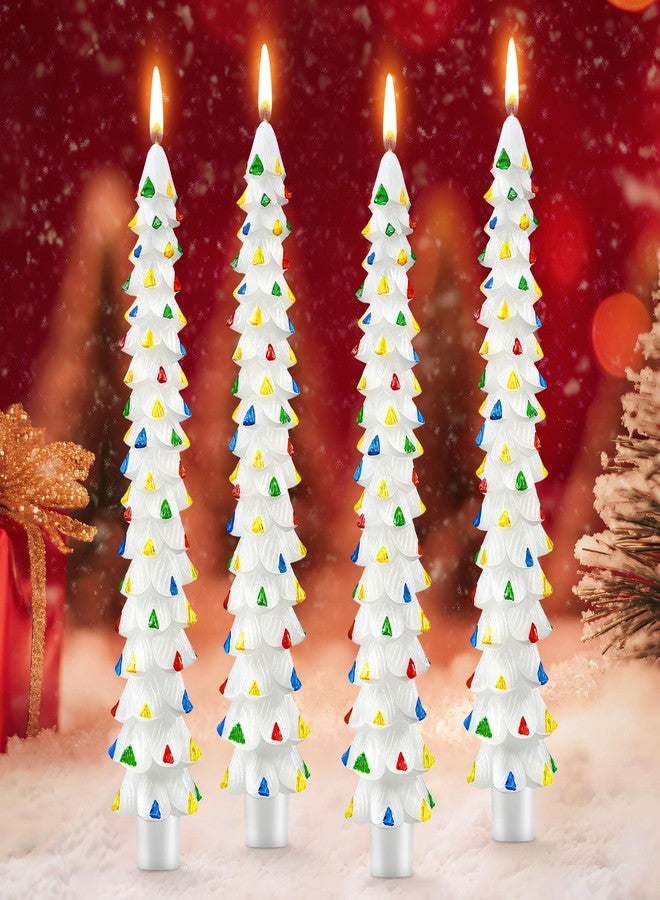 Ceoighe 4 Pack 10 Inch Christmas Tree Candles, Premium Natural Unscented Beeswax Christmas Tree Shaped Taper Candles with Cotton Wick, for Xmas Holiday Decor Party Banquet (White with Multicolor Trim) - Image 1
