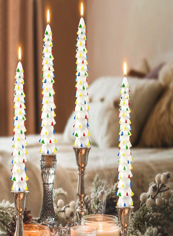 Ceoighe 4 Pack 10 Inch Christmas Tree Candles, Premium Natural Unscented Beeswax Christmas Tree Shaped Taper Candles with Cotton Wick, for Xmas Holiday Decor Party Banquet (White with Multicolor Trim) - Image 3