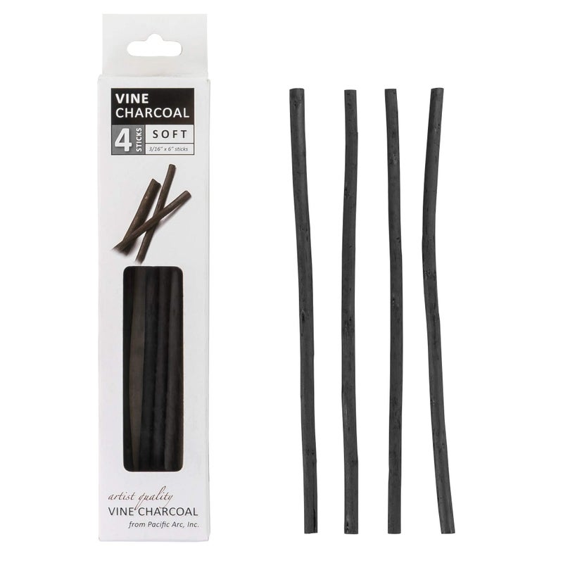 Pacific Arc Artist Vine Charcoal, Soft, Black 4 Charcoal Sticks for Drawing, Sketching, and Fine Art - Image 1