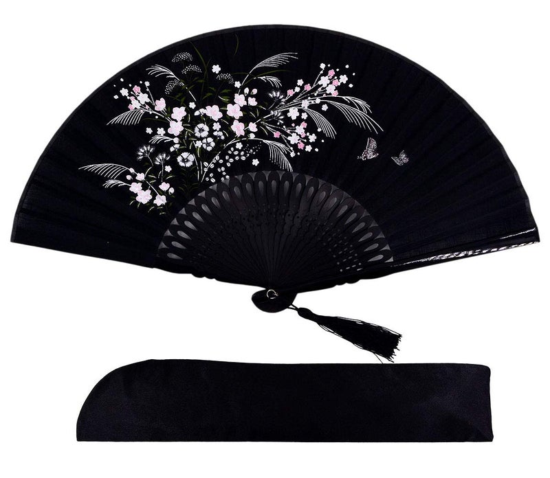 Amajiji 8.27"(21cm) Hand Held Bamboo Silk Folding Fan Hand Fan,Chinese/Japanese Charming Elegant Vintage Retro Style,Women Ladys Girls Best Gifts (Black-1) - Image 1