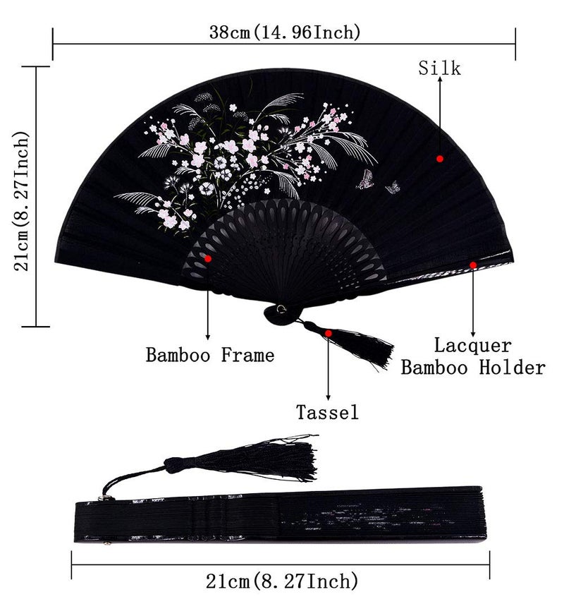 Amajiji 8.27"(21cm) Hand Held Bamboo Silk Folding Fan Hand Fan,Chinese/Japanese Charming Elegant Vintage Retro Style,Women Ladys Girls Best Gifts (Black-1) - Image 2