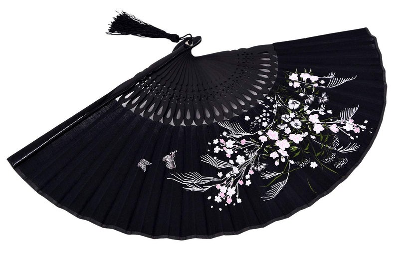 Amajiji 8.27"(21cm) Hand Held Bamboo Silk Folding Fan Hand Fan,Chinese/Japanese Charming Elegant Vintage Retro Style,Women Ladys Girls Best Gifts (Black-1) - Image 4
