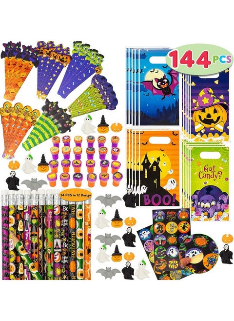 144 Pieces 24 Pack Assorted Halloween Themed Stationery Kids Gift Set Trick Treat Price Party Favor Toy Including Halloween Pencils, Rulers, Stickers, Stamps And Erasers In Trick Or Treat Bags