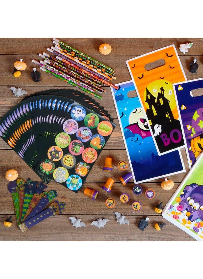 144 Pieces 24 Pack Assorted Halloween Themed Stationery Kids Gift Set Trick Treat Price Party Favor Toy Including Halloween Pencils, Rulers, Stickers, Stamps And Erasers In Trick Or Treat Bags