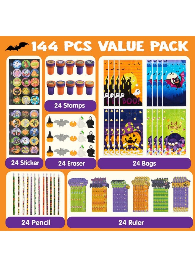 144 Pieces 24 Pack Assorted Halloween Themed Stationery Kids Gift Set Trick Treat Price Party Favor Toy Including Halloween Pencils, Rulers, Stickers, Stamps And Erasers In Trick Or Treat Bags