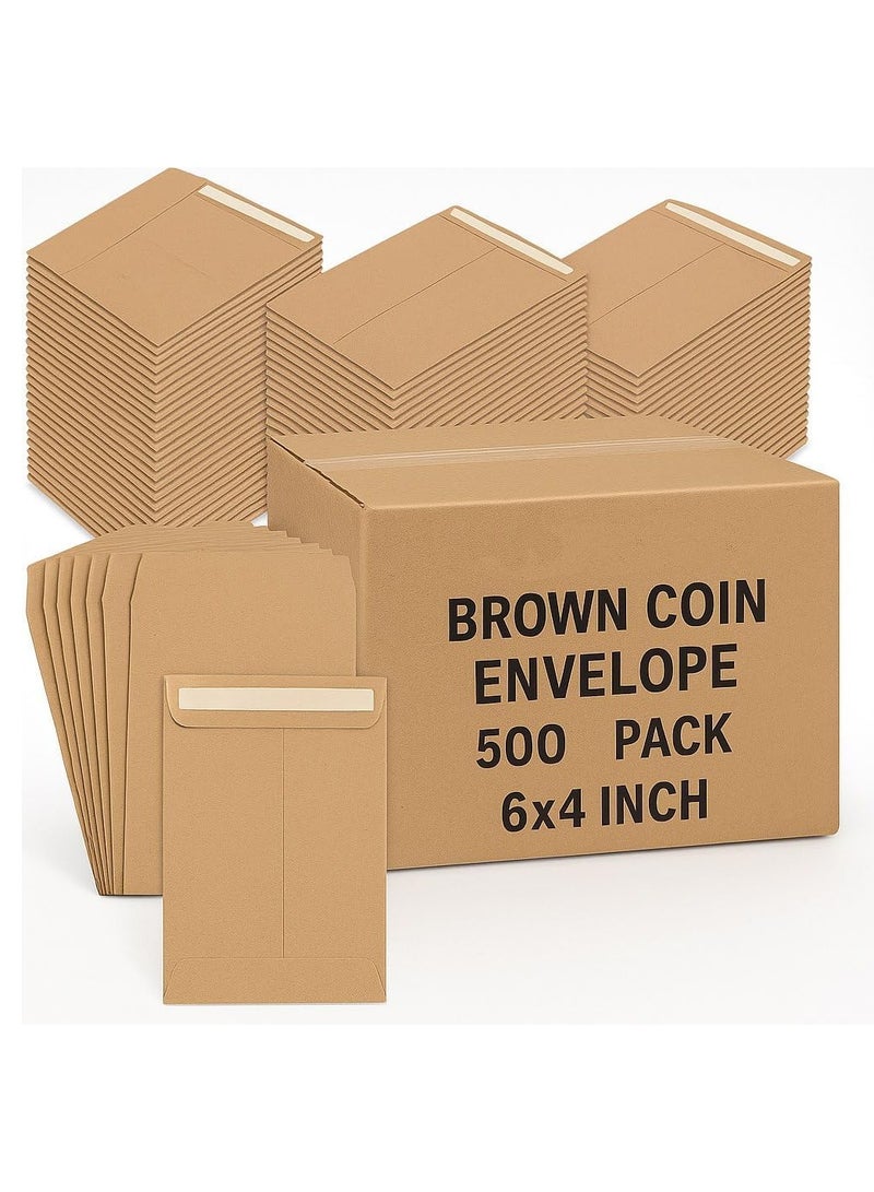 MARKQ (500 عبوة) أظرف عملات بنية 6” × 4” ذاتية اللصق لتخزين العناصر الصغيرة، الأجور، الملاحظات، الخرز، الحديقة، المكتب - Image 1